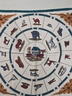 Vintage Animal Motif Silk Scarf in Cream & Teal 33x33